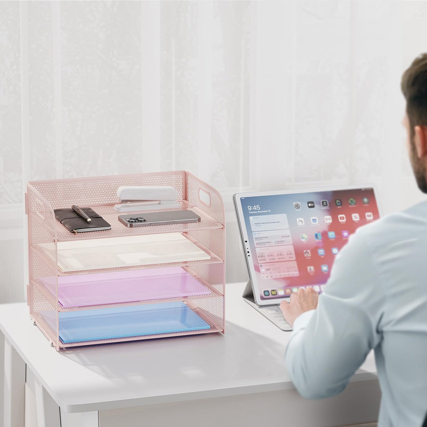 Marbrasse 4 Tier Paper Organizer Letter Tray - Mesh Desk File Organizer with Handle, Paper Sorter