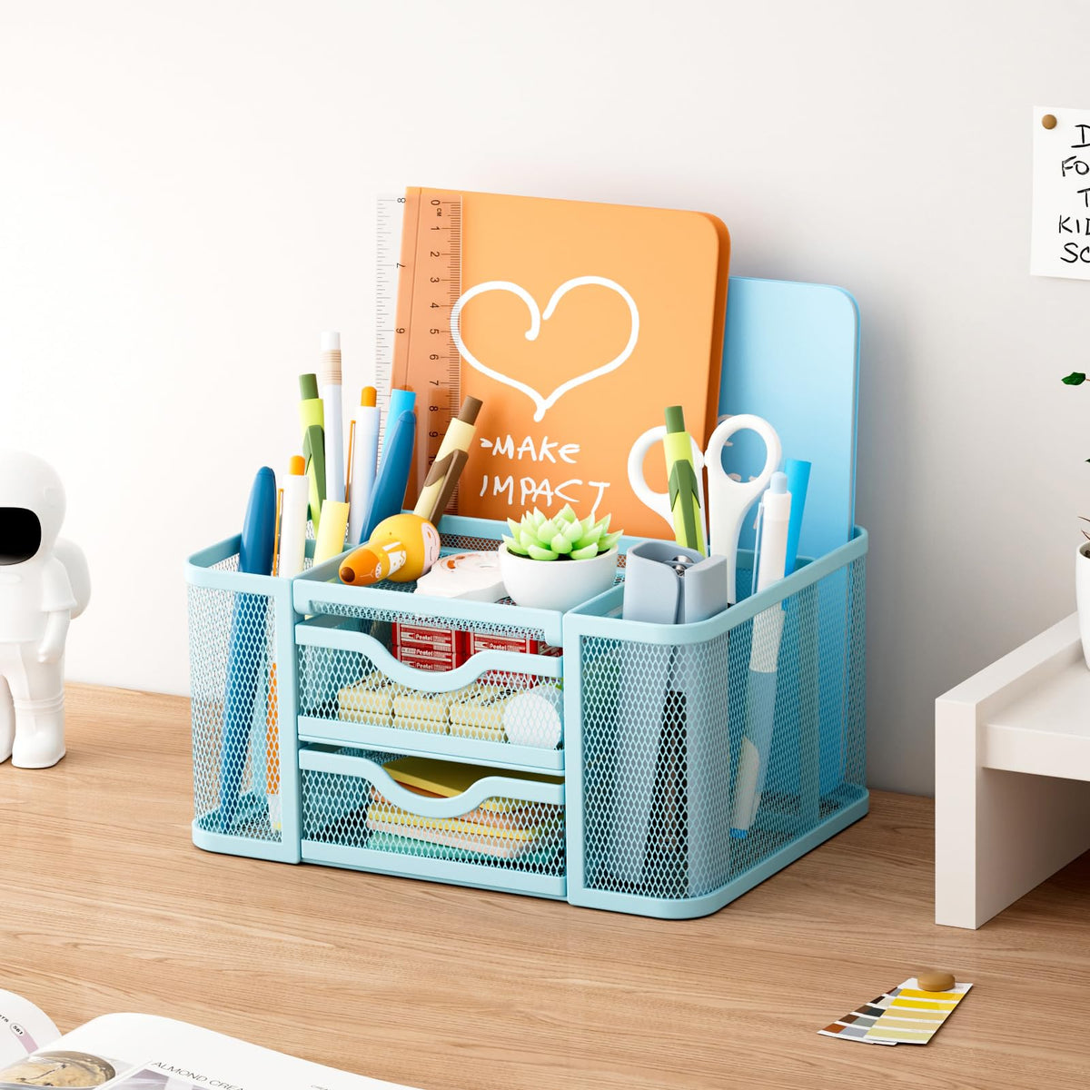 Marbrasse Mesh Desk Organizer, Pen Organizer with 2 Drawer, Multi-Functional Pencil Holder, Desk