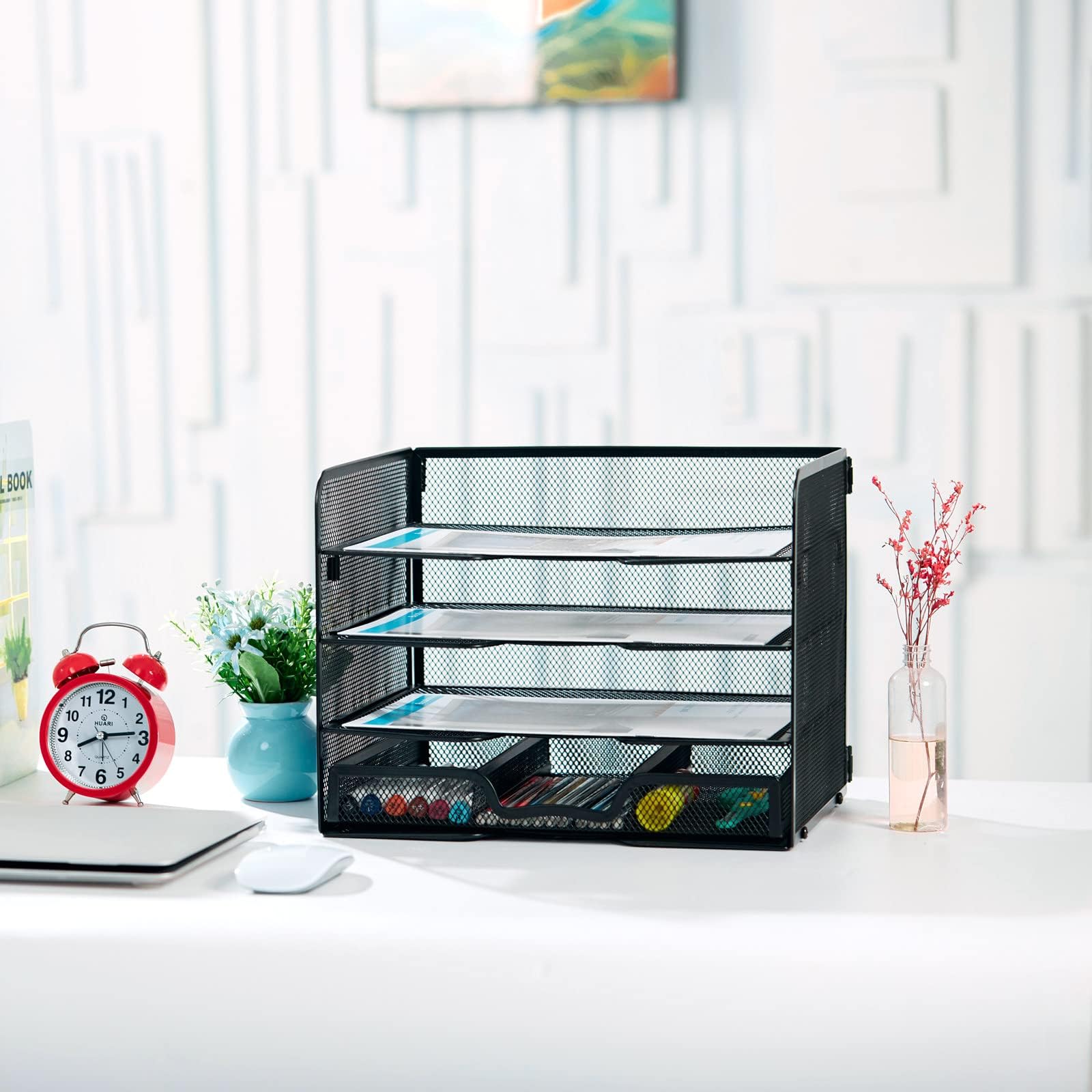 SETTFRFE 4-Tier Metal Desk Organizer-Paper Letter Tray with Drawer,Black