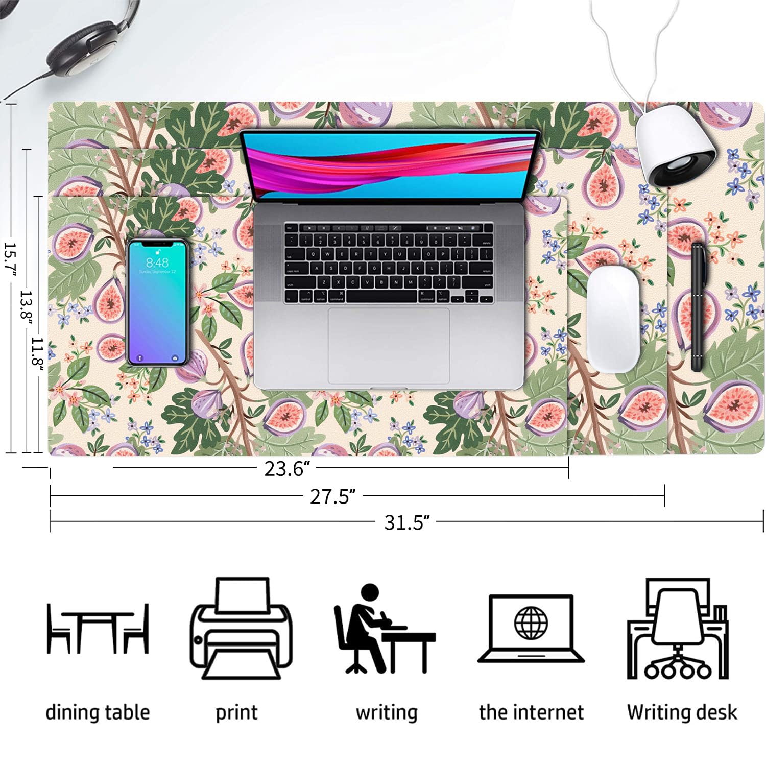 YOUWOUS Floral Desk Mat, Non-Slip PU Leather Desk Pad, Figs 27.5"x13.8"