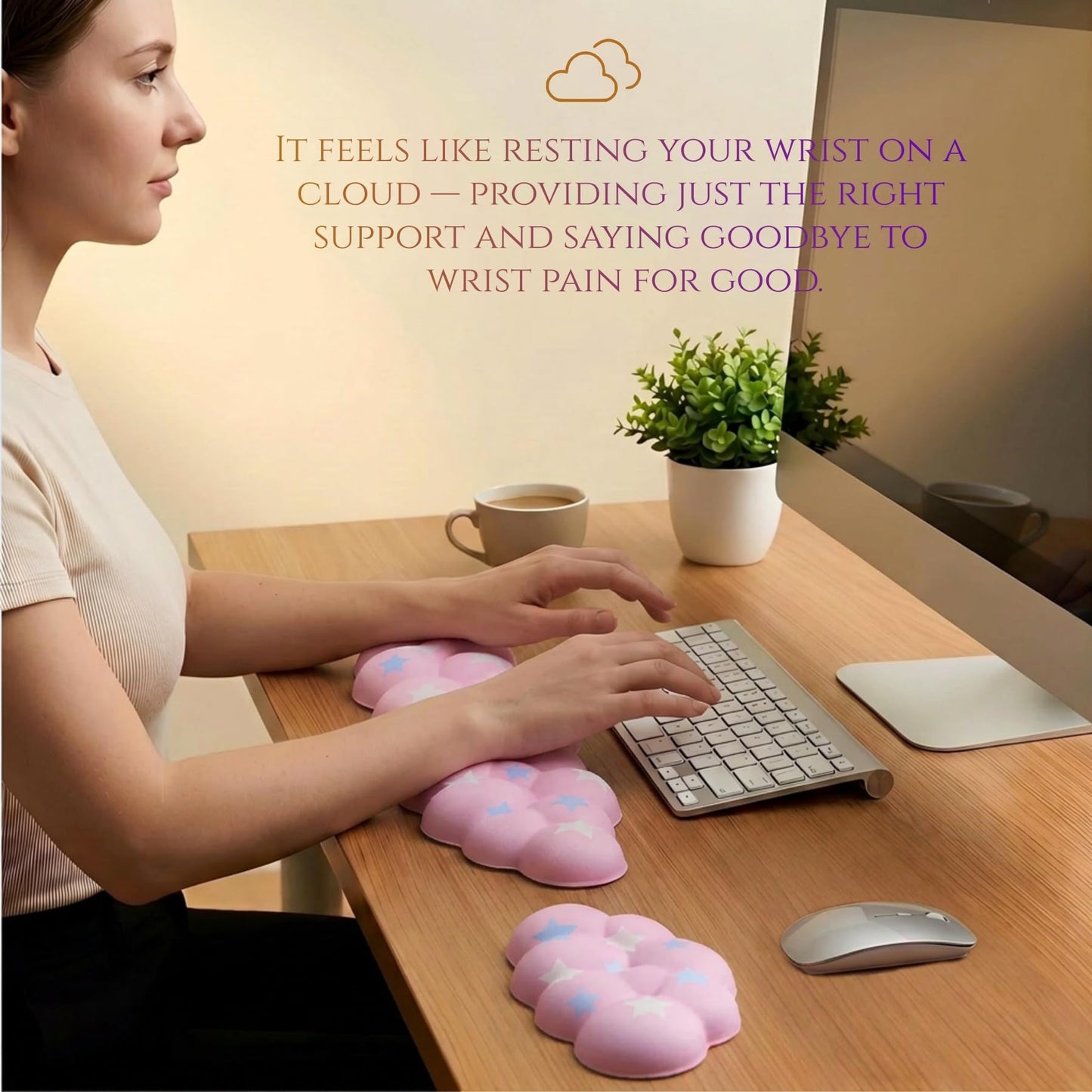 LJYZMD Cloud Wrist Rest Set for Keyboard & Mouse, 16.9", Pink Colorful Star