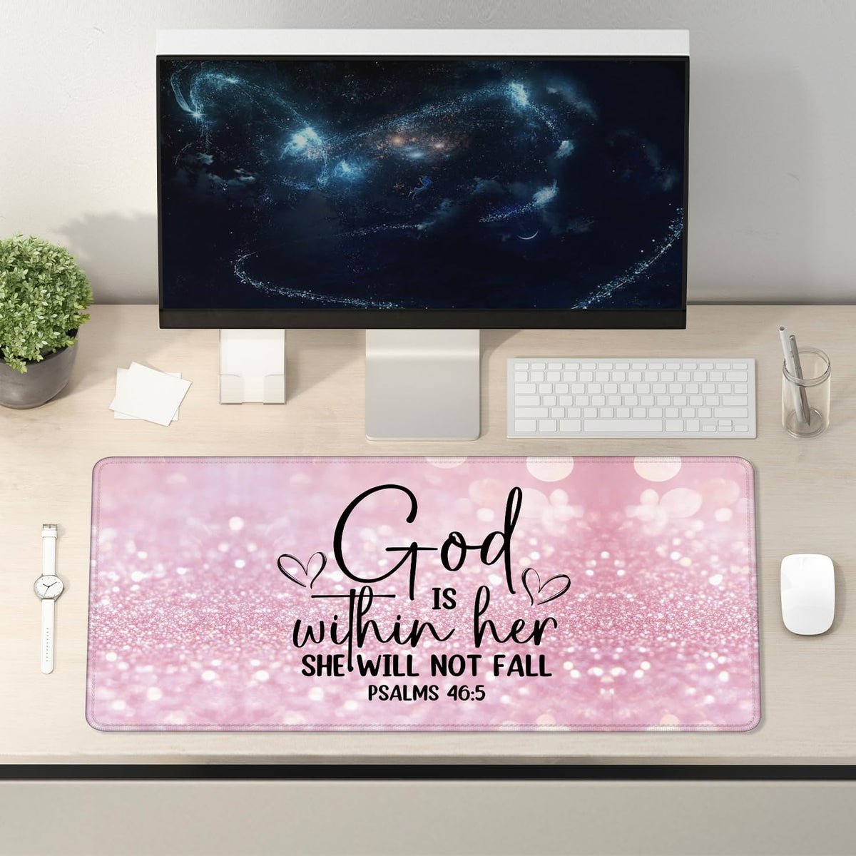 Foritho Pink Christian Mouse Pad 31.5x15.7inch, God is Within Her She Will Not Fall Bible Verse