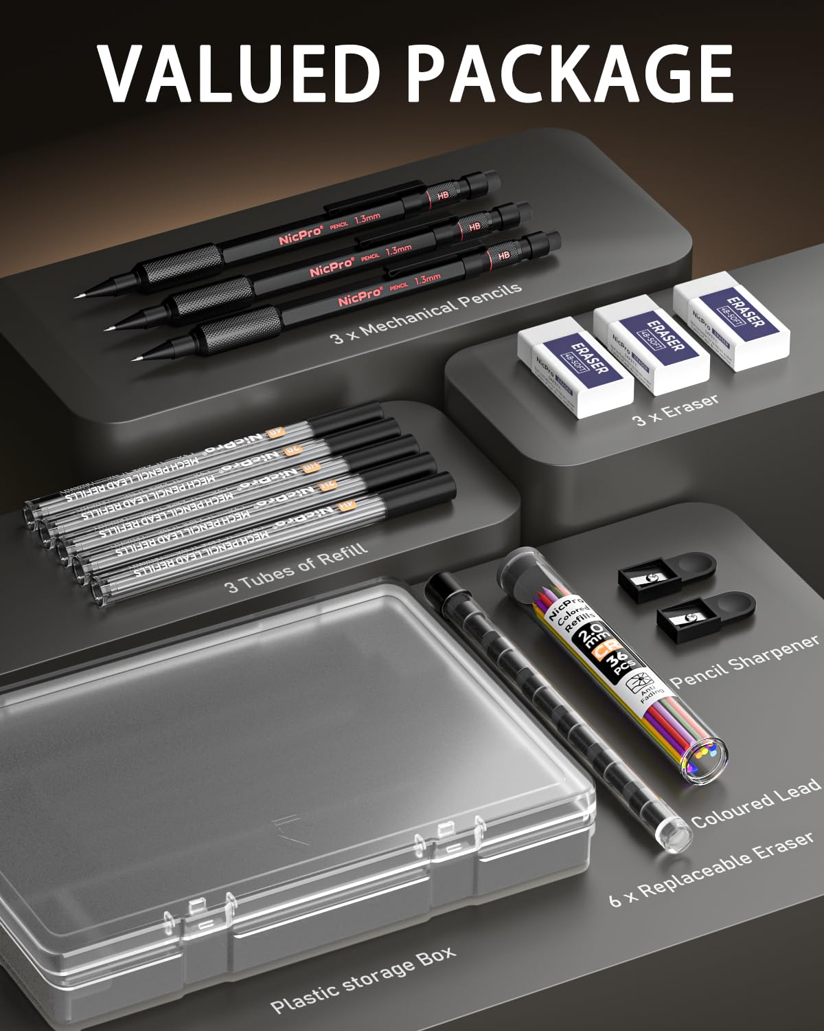 Nicpro 2mm Metal Mechanical Pencils Set with Case, 3 Pack Black