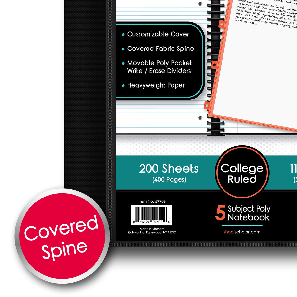 IQ+ iScholar 5-Subject Poly Cover Wirebound Notebook, College Ruled, 11 x 8.5 Inch Sheet Size, 200