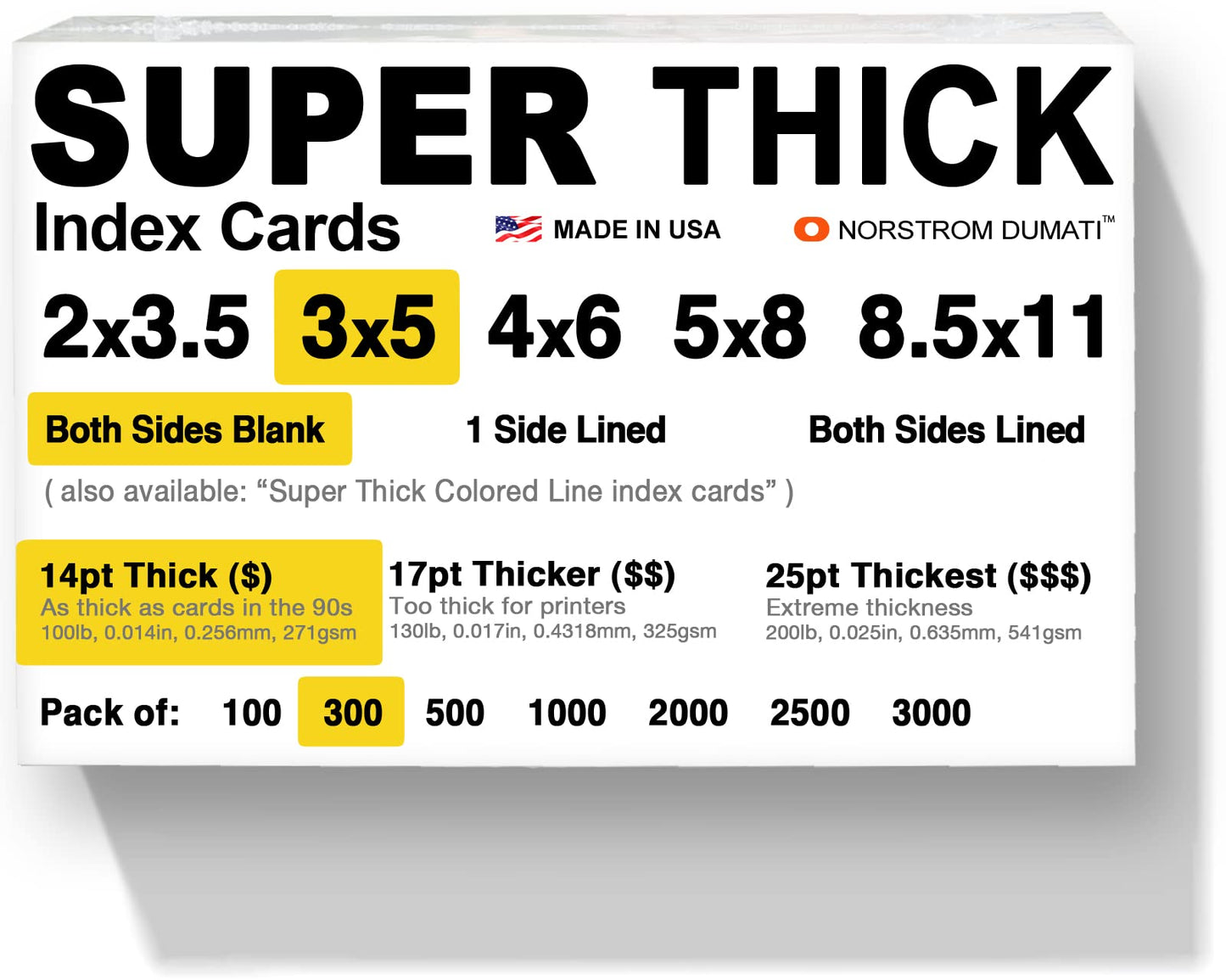 300 SUPER THICK index cards / 3"x5" / 14pt (0.014") 100lb / blank un-ruled/archival acid-free