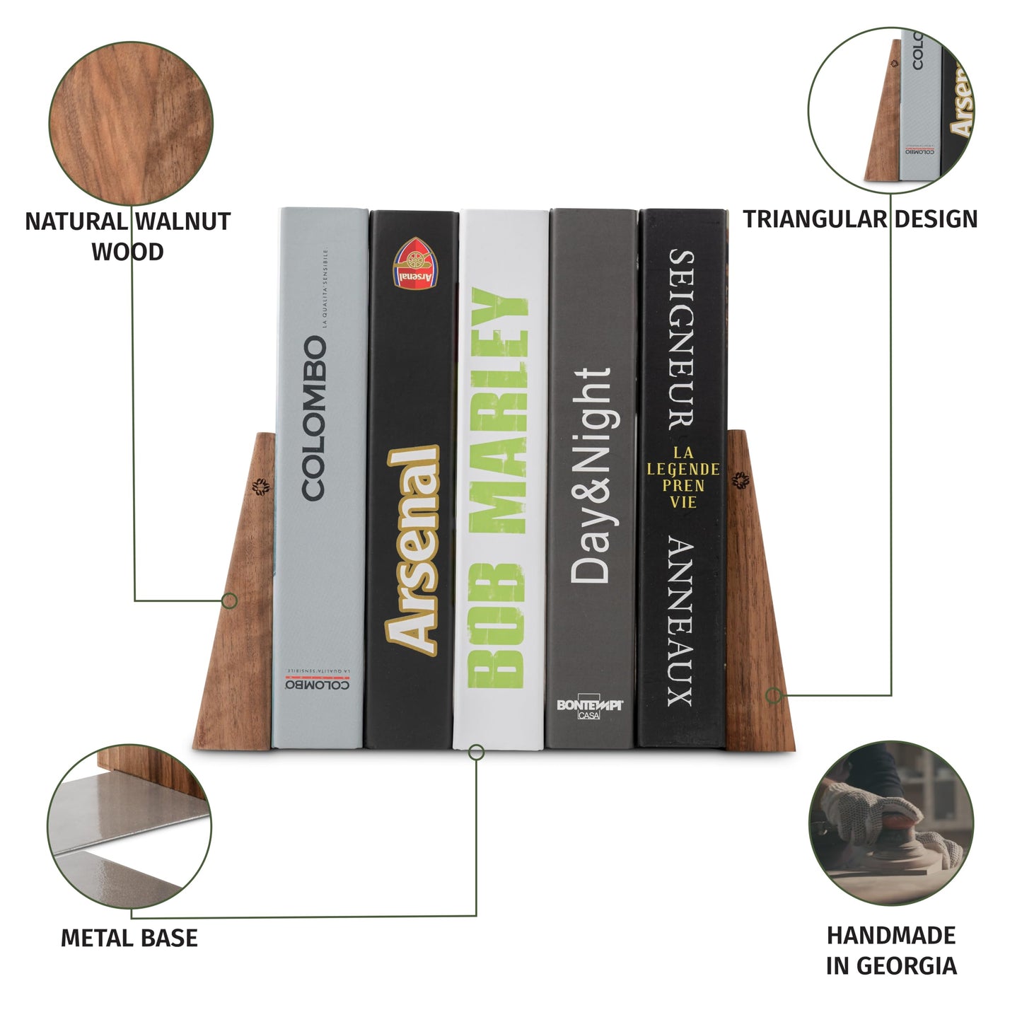 TILISMA Book Ends for Shelves - Handmade Wooden Bookends with Metal Base, Walnut Tree - Sturdy Book
