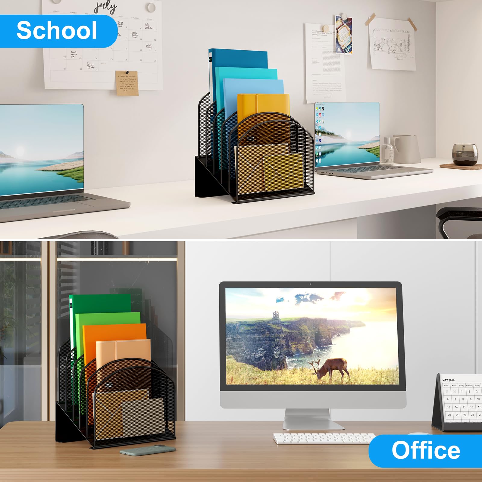 VETUZA Desk File Organizer, Metal Mesh Vertical Desktop File Folder Holder for Office & School &
