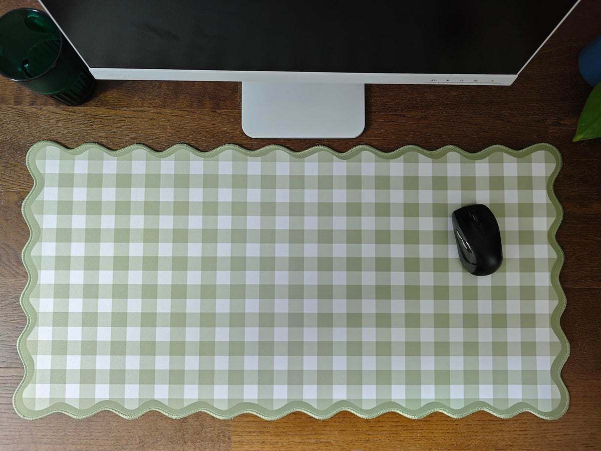 ohisxiacy Scalloped‌ Green Checkered Desk Mat Cute Pastel Large Gaming Mouse Pad Gingham Kawaii