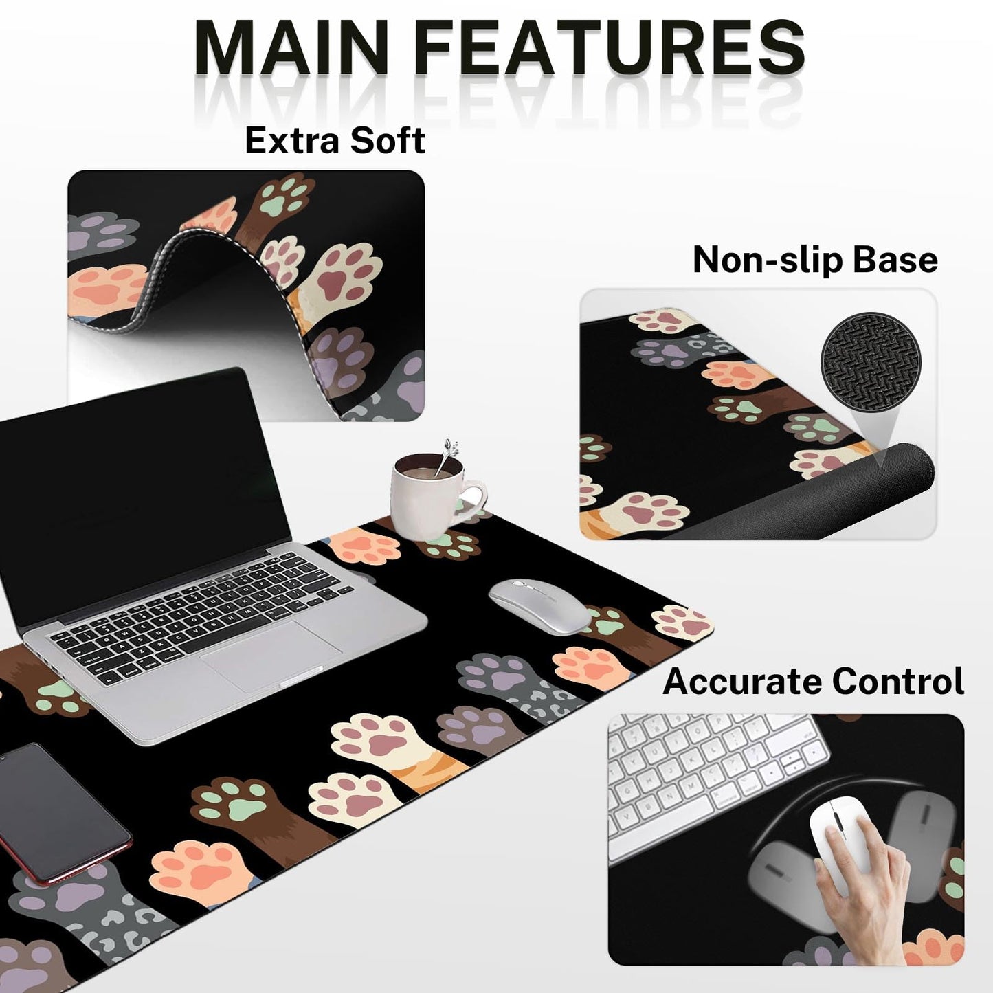 Arttown Keyboard Mouse Pad Set, 4 in 1 Desk Mat Set Cat Dog