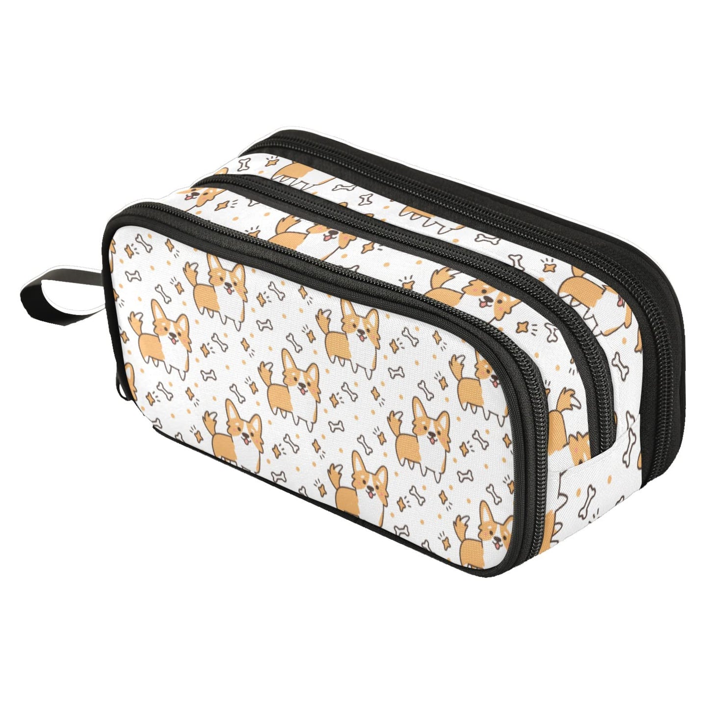 Fustylead Funny Cute Cartoon Corgi Bone Large Pencil Pen Case Stationery Bag, 3 Compartments School