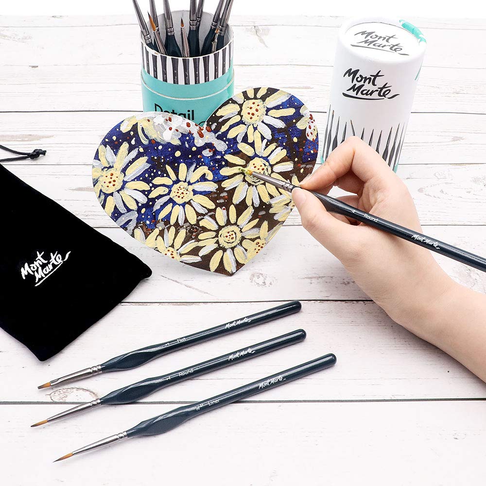 Mont Marte Signature Detail Brush Collection, 15 Piece, Taklon Bristles, Suitable for Acrylic, Oil