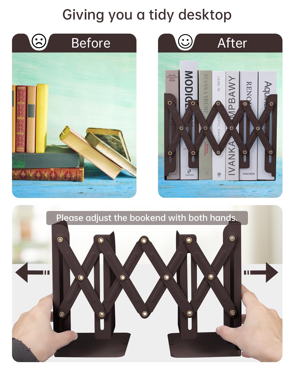Honagu Adjustable Bookends, Metal Book Ends for Shelves Heavy Book
