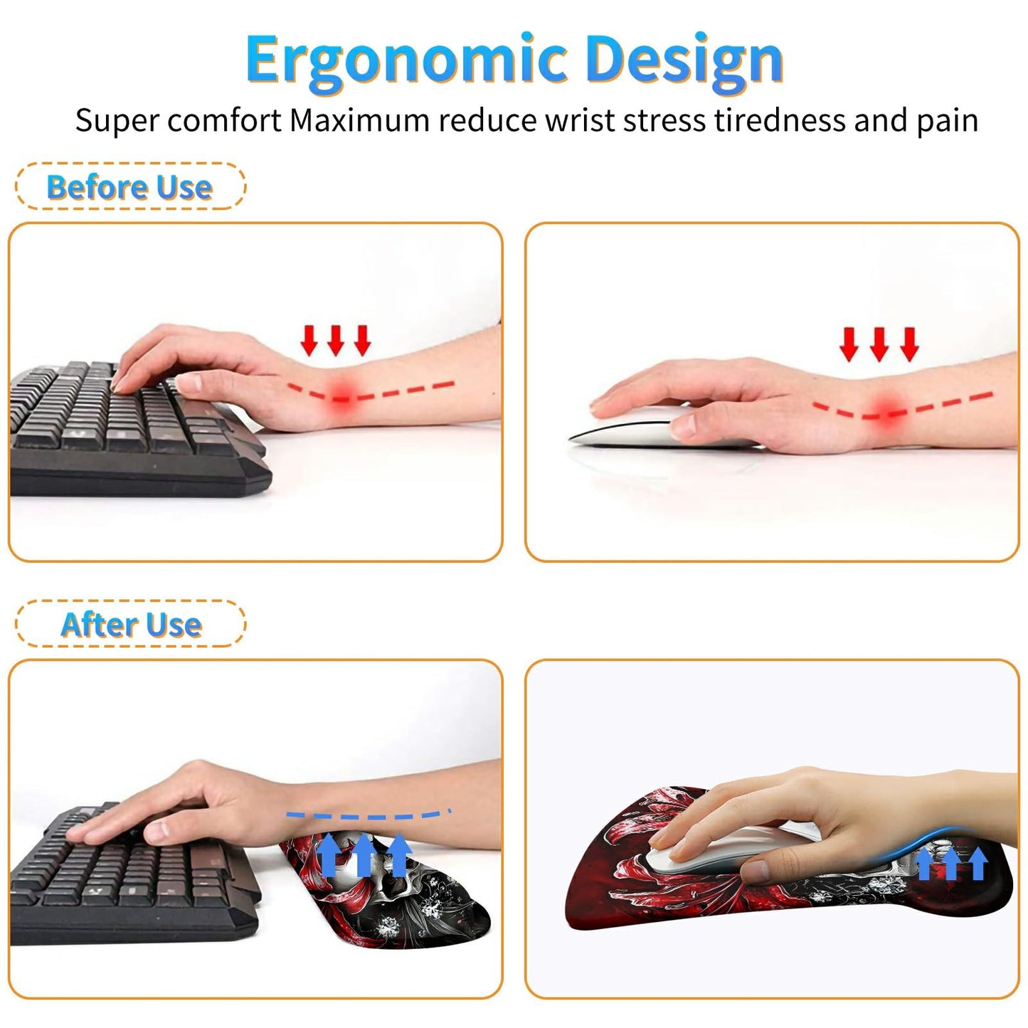 3Pcs Ergonomic Memory Foam Keyboard Wrist Rest Pad Set, Red Flower Skull