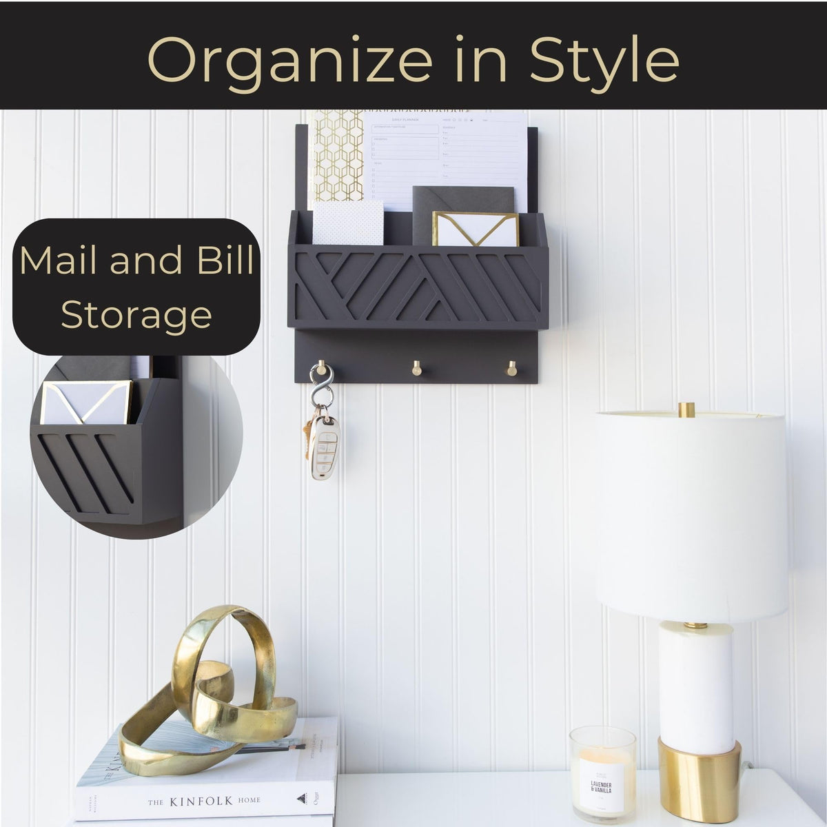 BLU MONACO | Wall-Mounted Mail and Key Holder in Grey Wood | Two-Tier Mail Organizer with Gold