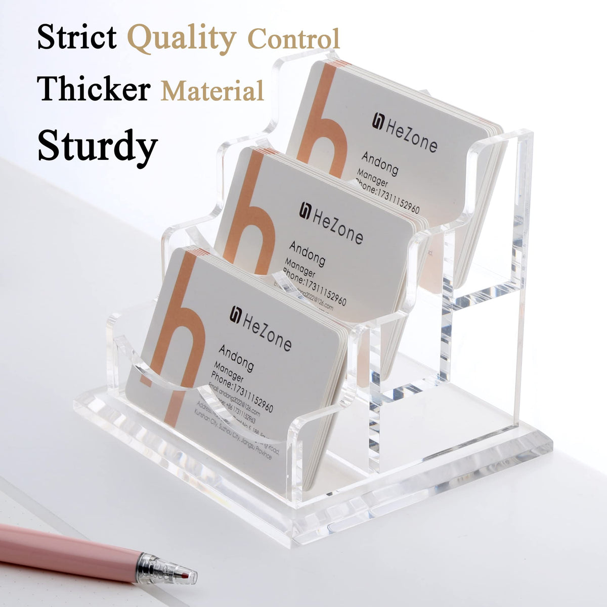 HeZone Business Card Holder for Desk 3 Slots 3 Tier, Clear Acrylic Cards Display Stand, Cards