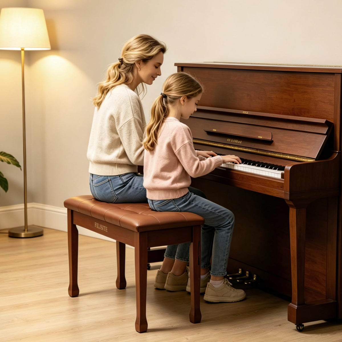 FILISITE Duet Piano Bench with Storage, Wooden Piano Stool with Waterproof Padded Cushion, Bench