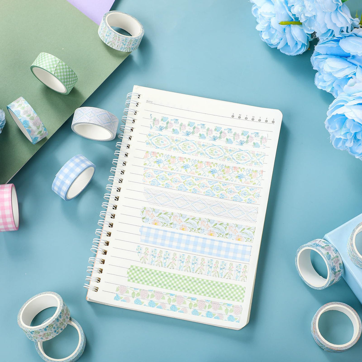 YooNotee 12 Rolls Floral Washi Tape Set,Pink and Blue,Flowers