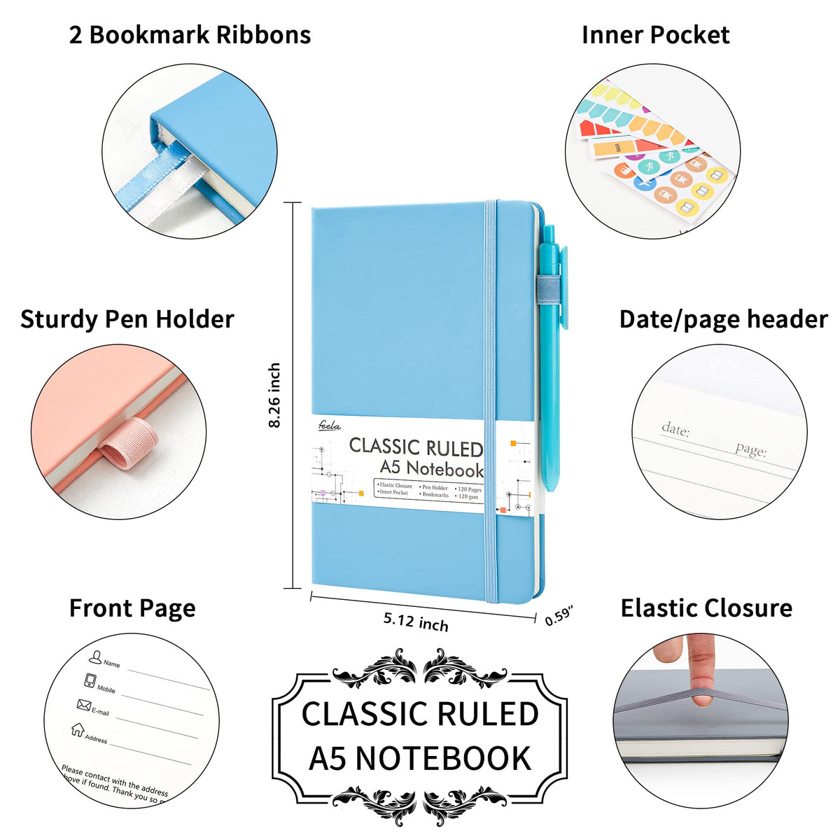 feela 5 Pack Notebooks Journals Bulk, Hardcover Classic Ruled Lined Journals with Pen Holder for