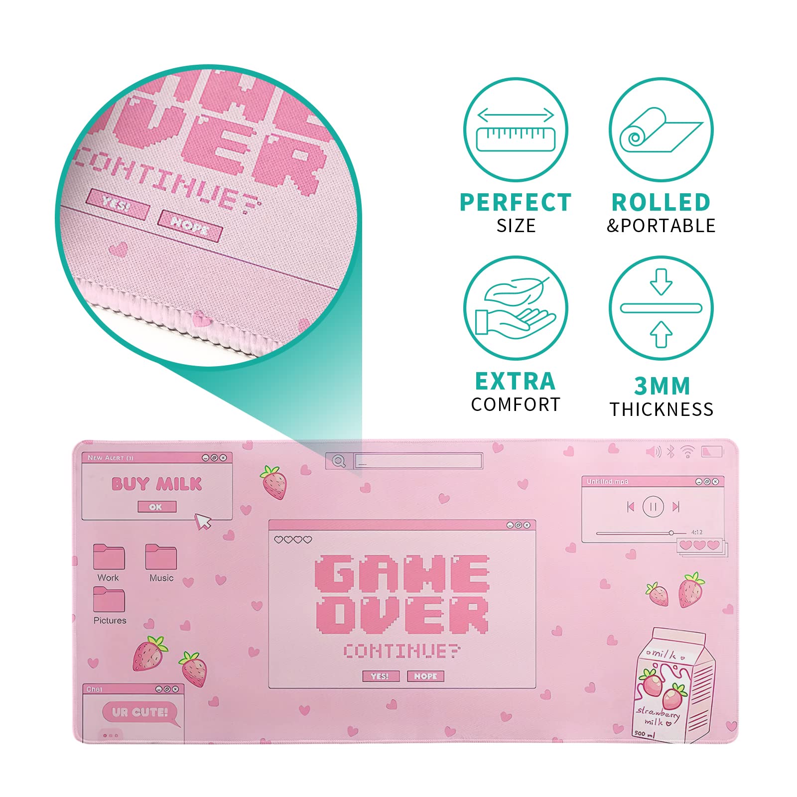 Pink Gaming Mouse Pad 31.5x11.8 Inch Pastel Game Over Large Mousepad Kawaii Office Decor for Women