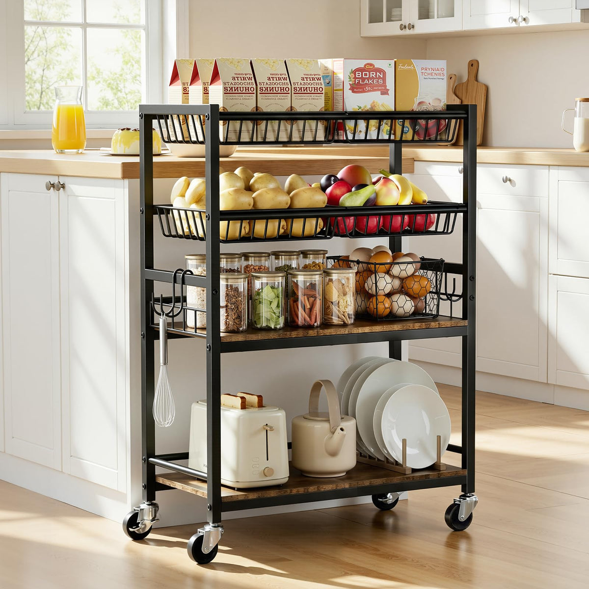 Kssiaz Fruit Vegetable Storage Cart, 4 Detachable Basket