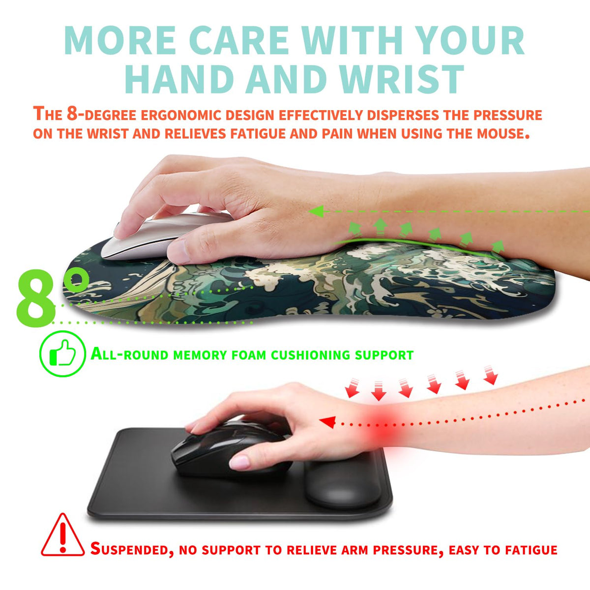Kuosgm Ergonomic Mouse Pad Wrist Support with Memory Foam Massage Bulge, Carpal Tunnel Pain Relief