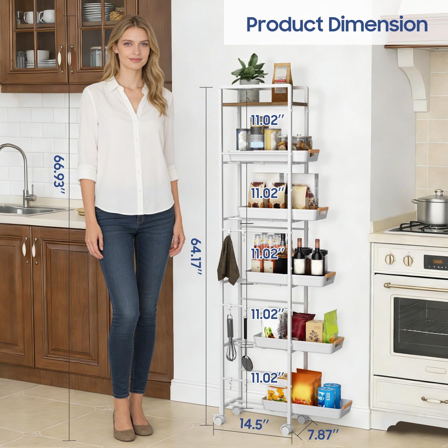 MAYBOSS 6 Tier Slim Storage Cart with Pull-Out Baskets Rolling Cart with Wheels Wood Top Narrow