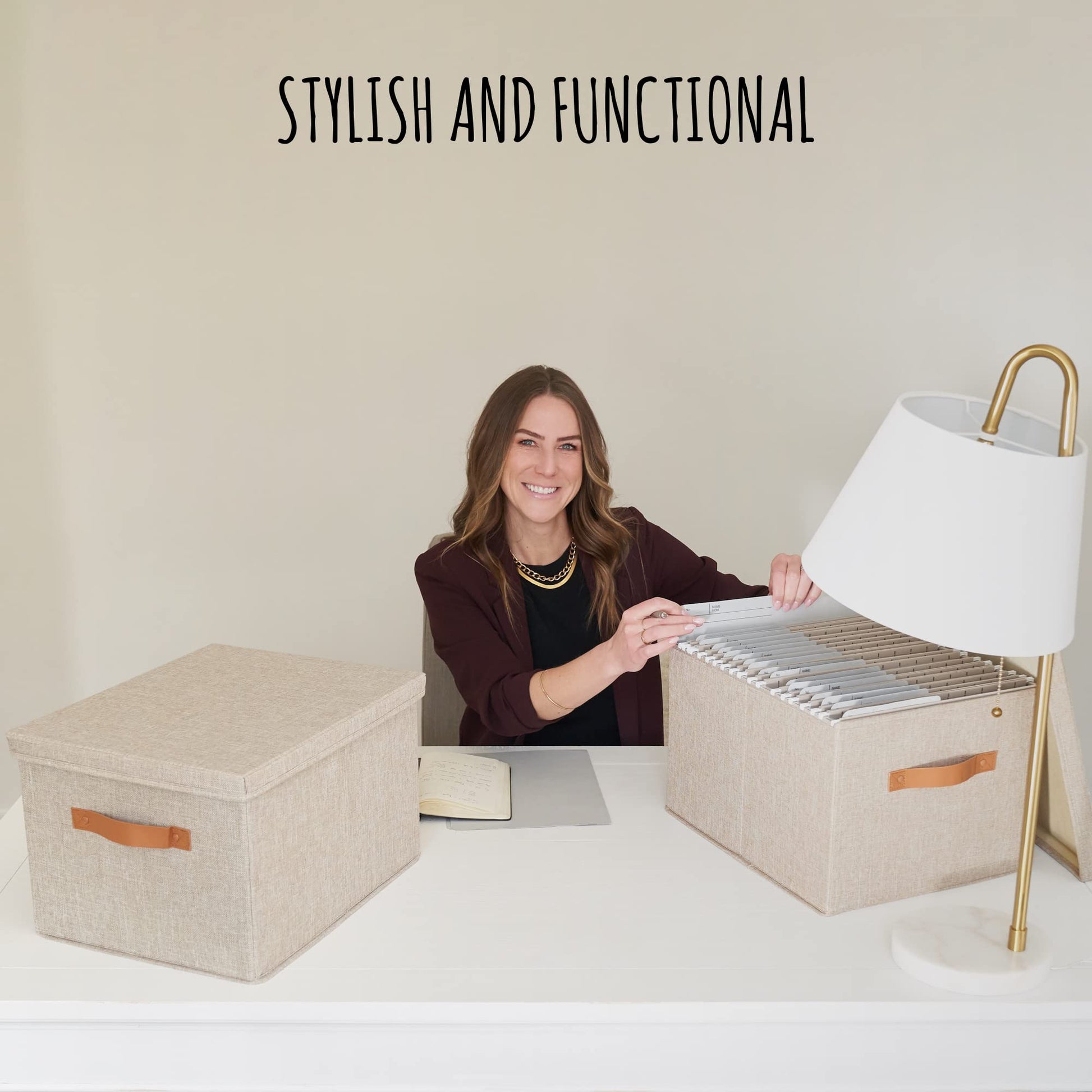 Decorative File Organizer Box Set of 2 - Collapsible Linen Filing Cabinets