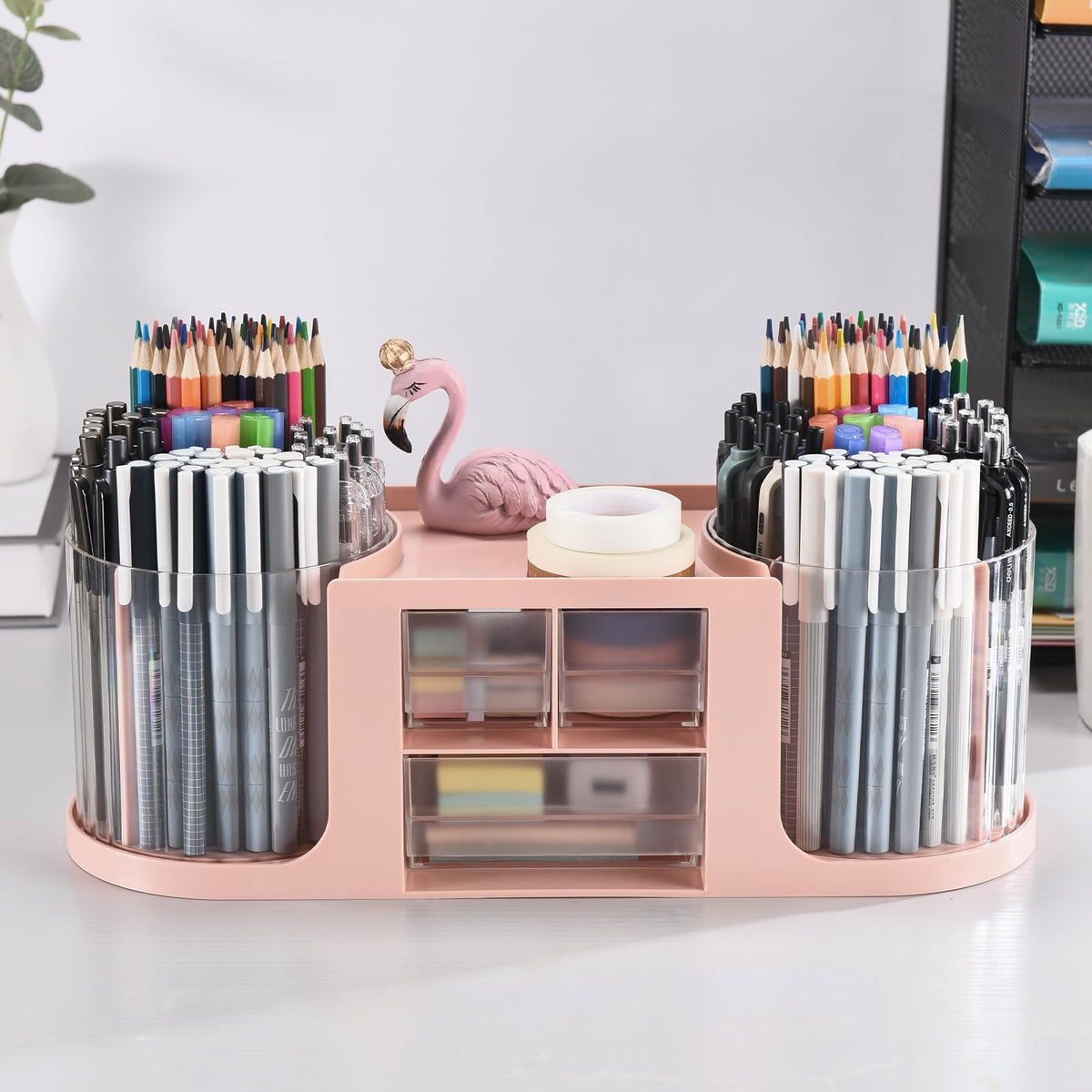 KLIONGO Rotating Desk Organizer with 2 Pen Holder, Desk Organizers and Accessories with 10 Slots