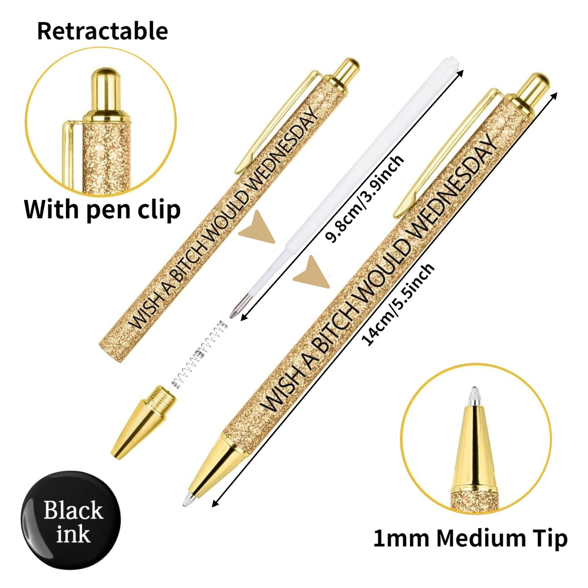 Jxueych 7 Pcs Funny Ballpoint Pen Set Gift for Coworker, Days of The Week Daily Glitter Pen, Black