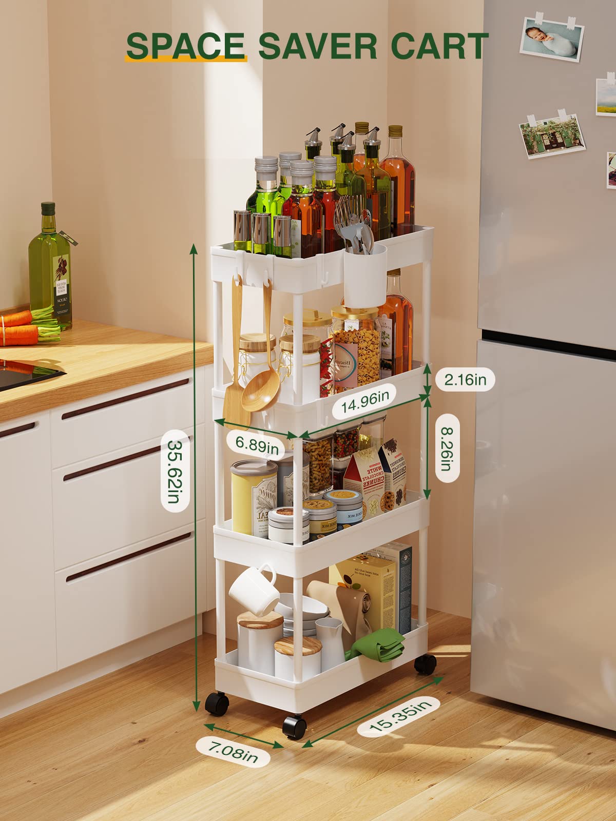 LEHOM Slim Rolling Storage Cart - 4 Tiers Bathroom Organizer Utility Cart