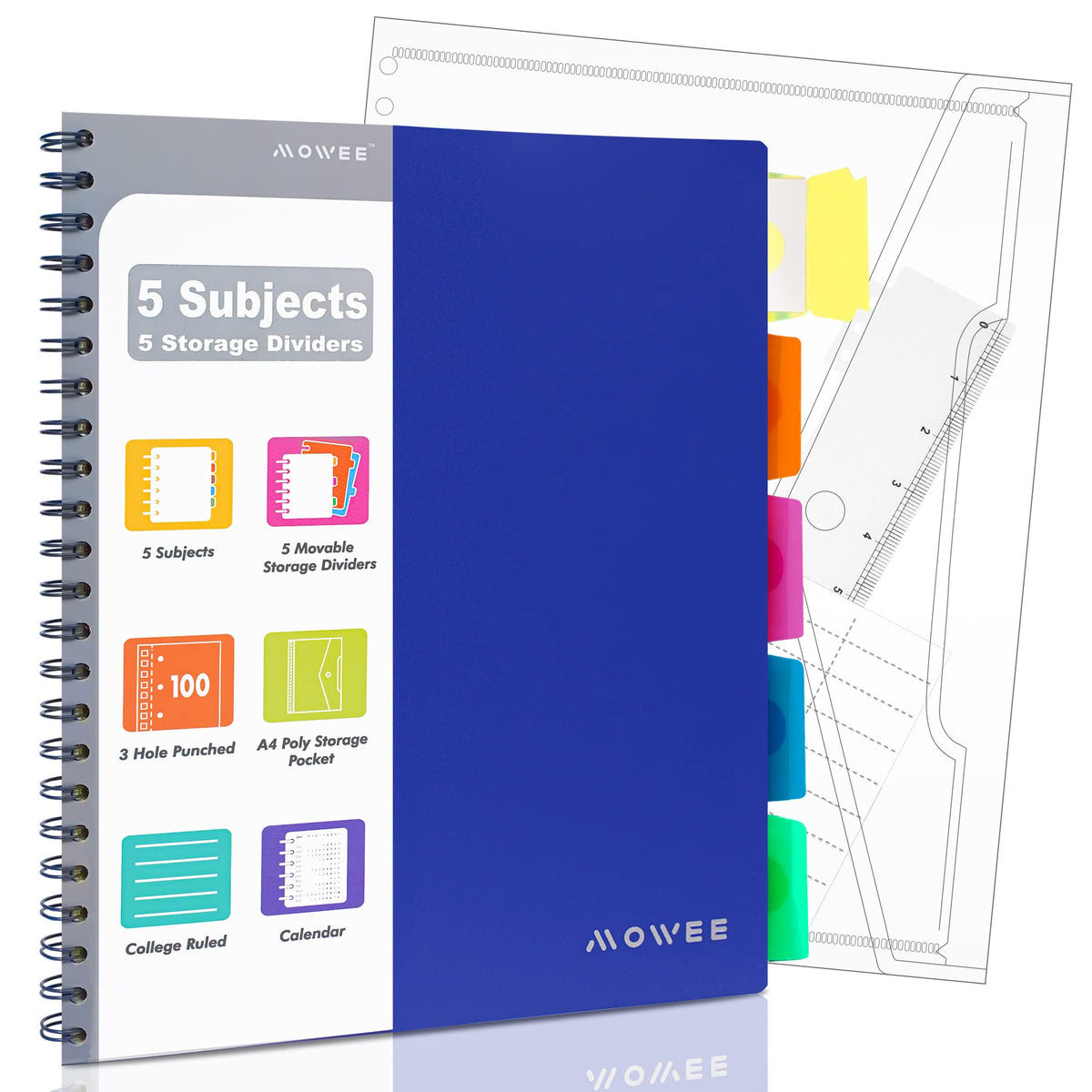 MOWEE Spiral Notebook - 5 Subject Notebook, College Ruled Notebook 3-Hole Punched With Dividers