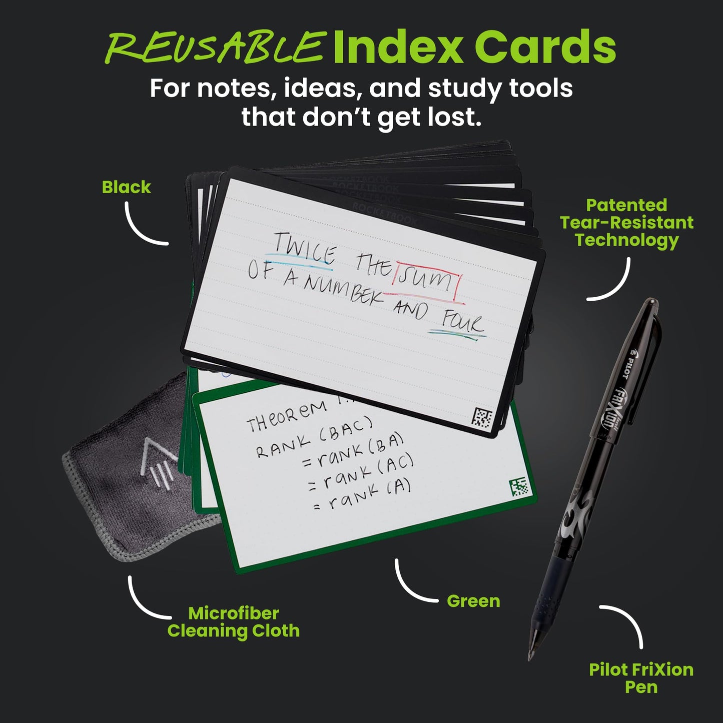 Rocketbook Cloud Cards, 3"x5" Reusable Index Card, Green/Black (Pack of 80)
