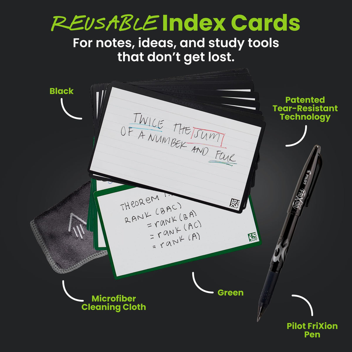 Rocketbook Cloud Cards, 3"x5" Reusable Index Card, Green/Black (Pack of 80)