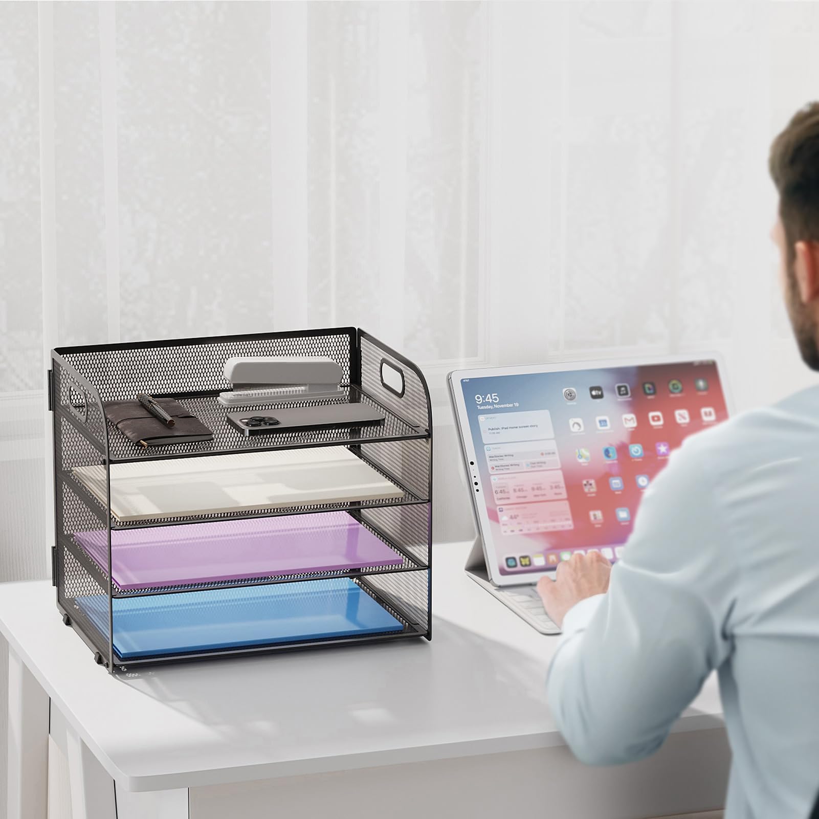 Marbrasse 2 Pack 4 Tier Paper Organizer Letter Tray - Mesh Desk File Organizer with Handle, Paper