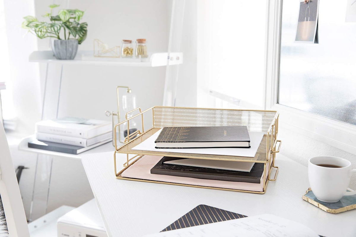 BLU MONACO | Paper Tray Stackable Gold Mesh Set of 2 | Stackable File Trays for Desk Organization |