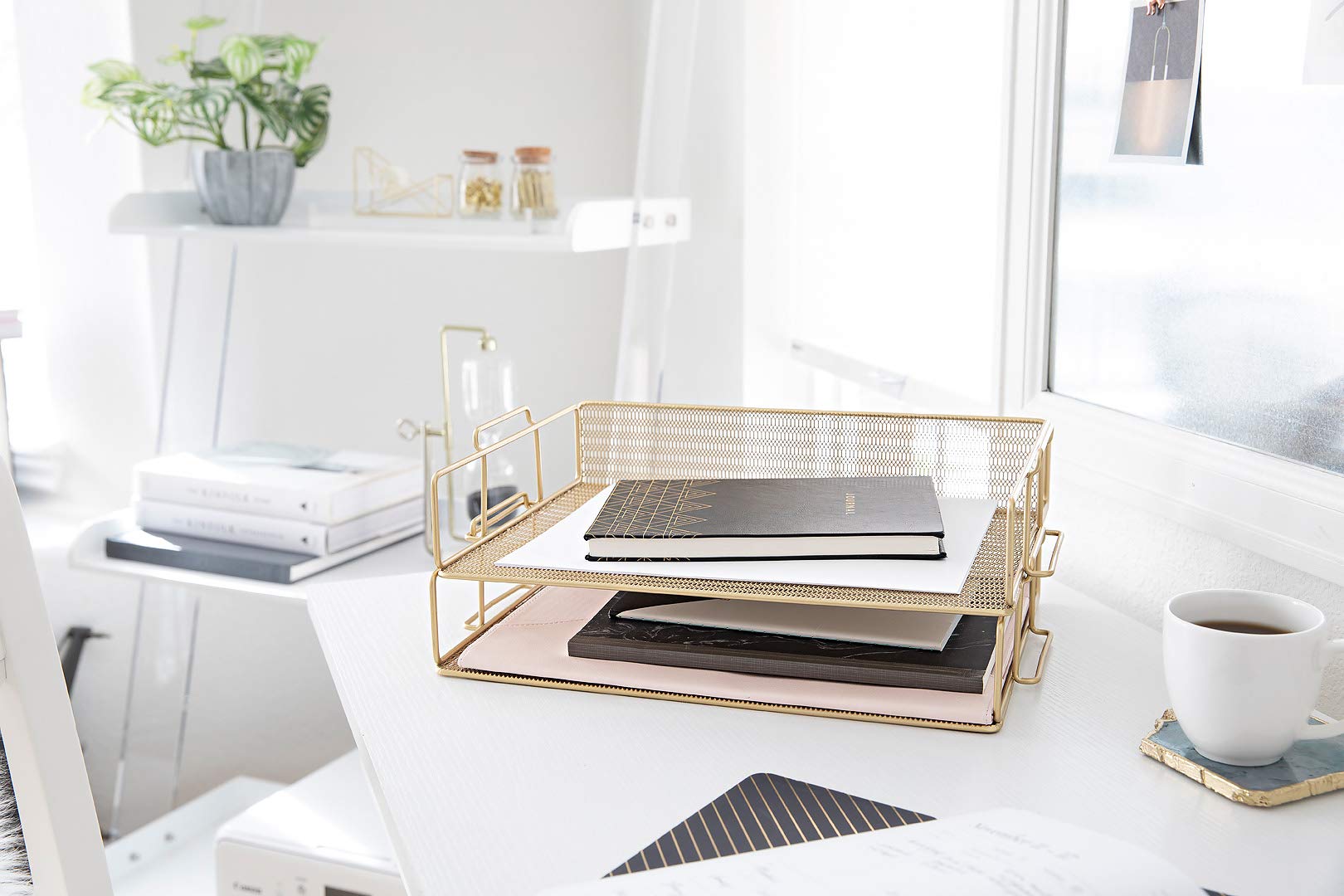 BLU MONACO | Paper Tray Stackable Gold Mesh Set of 2 | Stackable File Trays for Desk Organization |