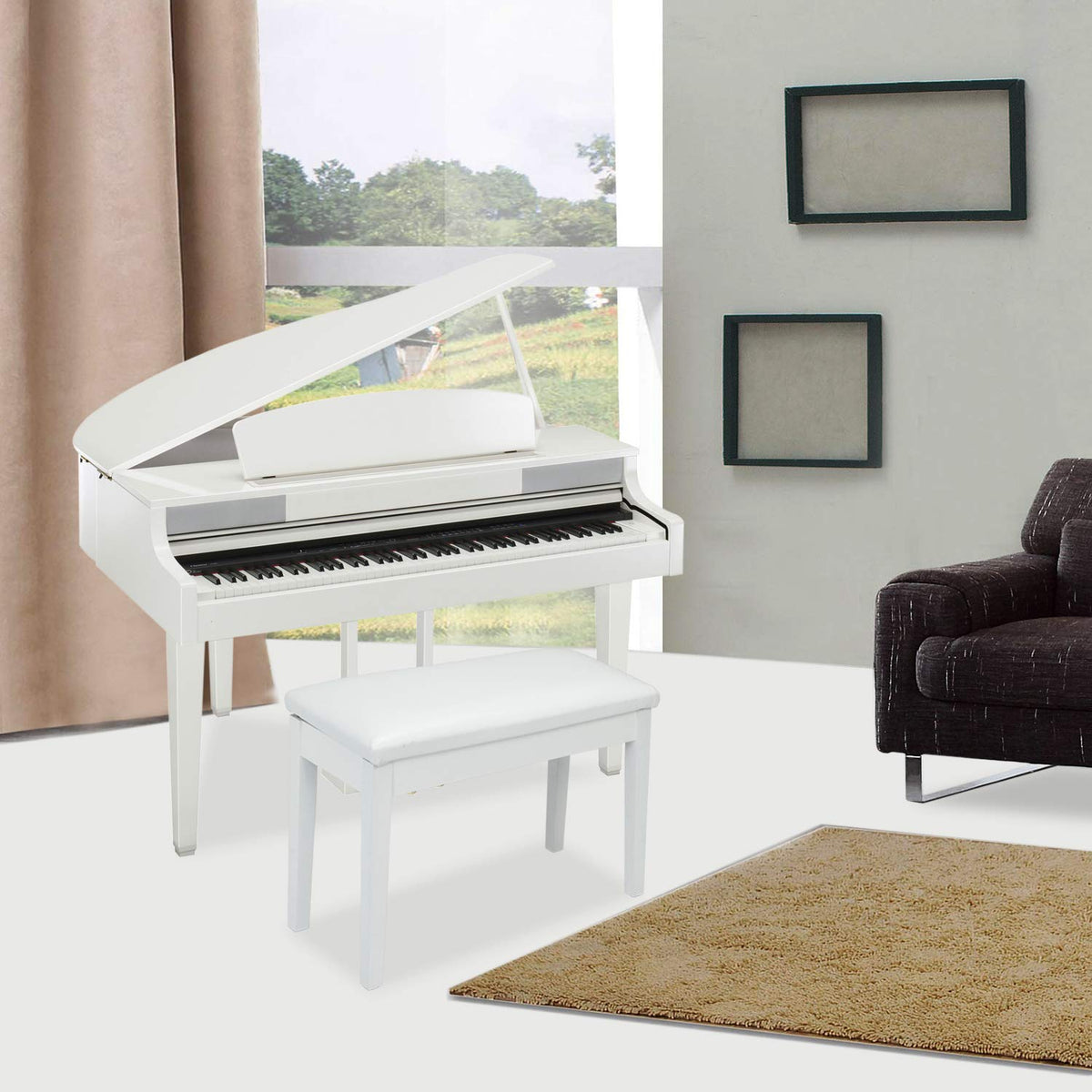 Bonnlo White Duet Piano Bench with Storage, Wooden Padded Seat