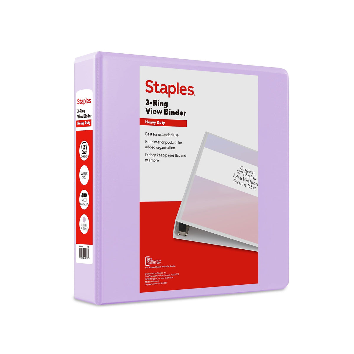 Staples Heavy-Duty 2-Inch 3-Ring View Binder, D-Ring, Light Purple