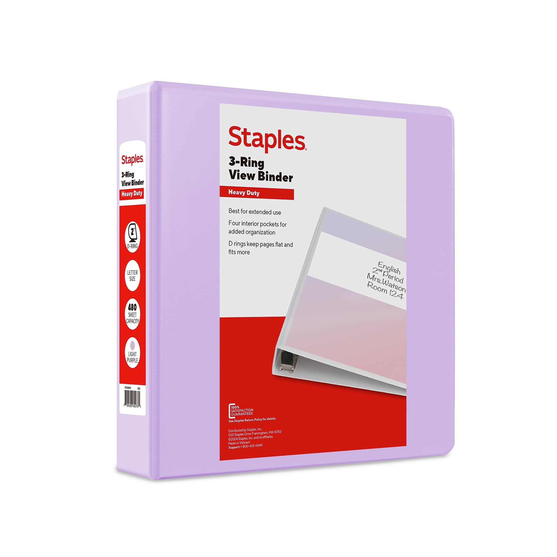 Staples Heavy-Duty 2-Inch 3-Ring View Binder, D-Ring, Light Purple