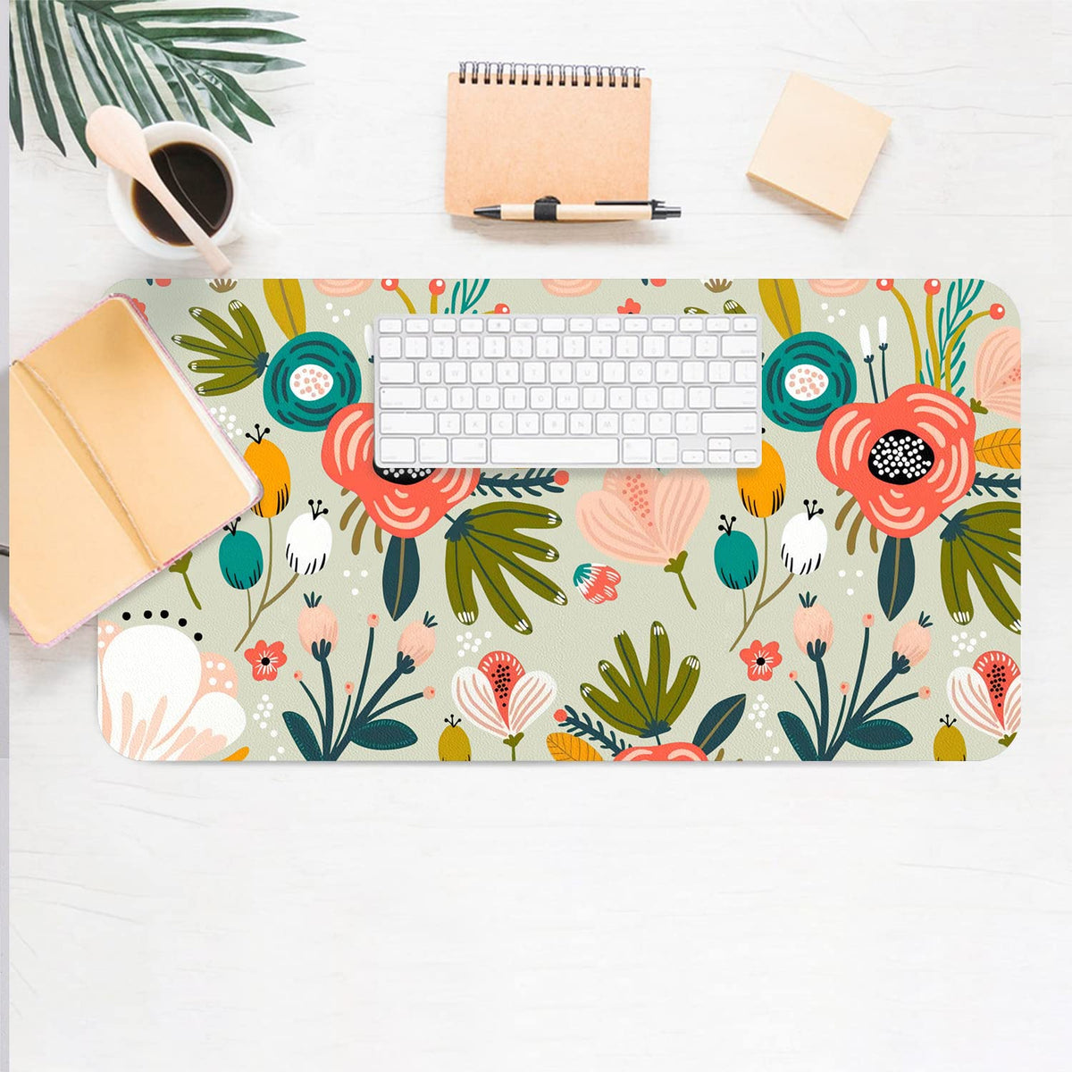 Floral Desk Mat, Large Non-Slip Leather Desk Pad Green 23.6"x11.8"