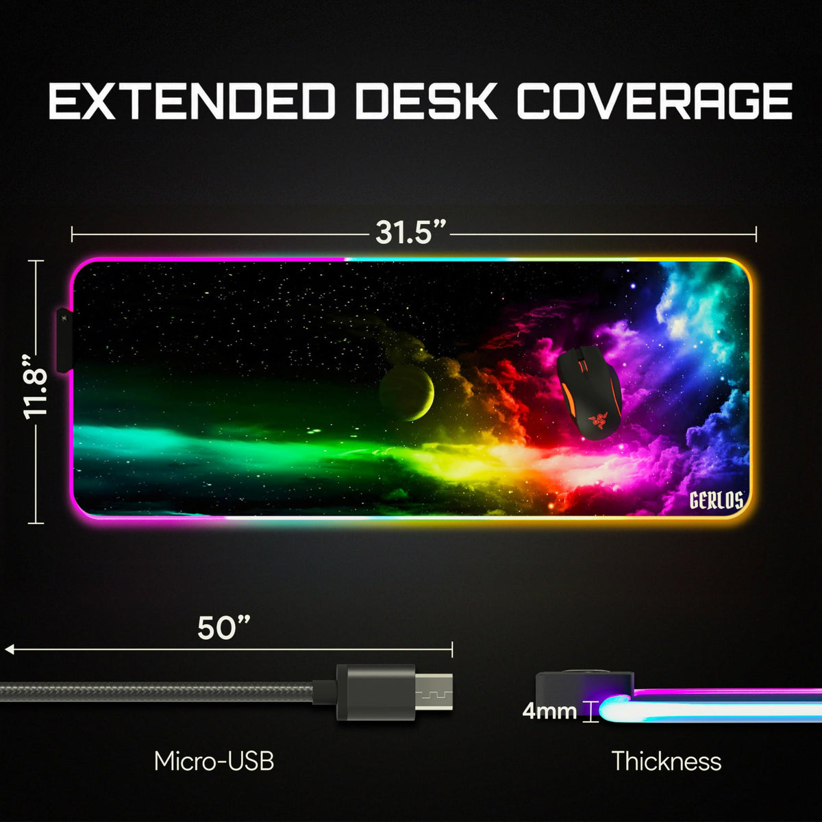 Gerlos RGB Gaming Mouse Pad, Large LED Desk Mat for Gamer, 31.5" x 11.8"
