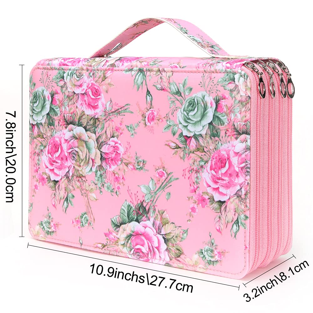 Vomgomfom 200 Slots Pencil Case 4-Layer PU Leather, Handle, Pink Rose