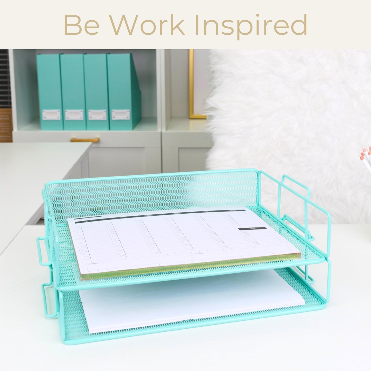 BLU MONACO Aqua Mesh Paper Tray Set of 2 | Stackable Letter Trays for Desk Storage | Metal Document