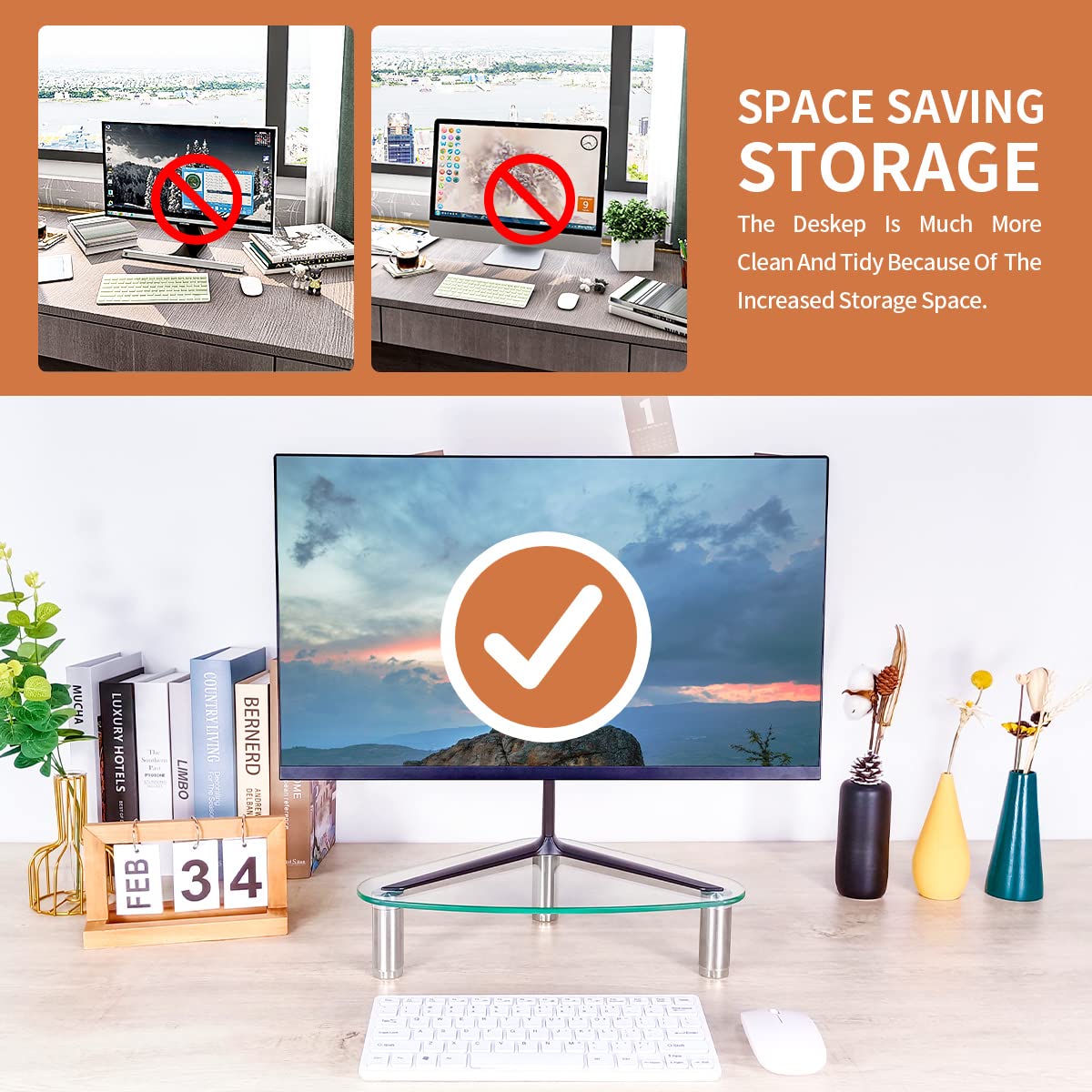 Hemudu Clear Glass Computer Monitor Riser / Triangle Desktop Universal Corner Stand for Computer