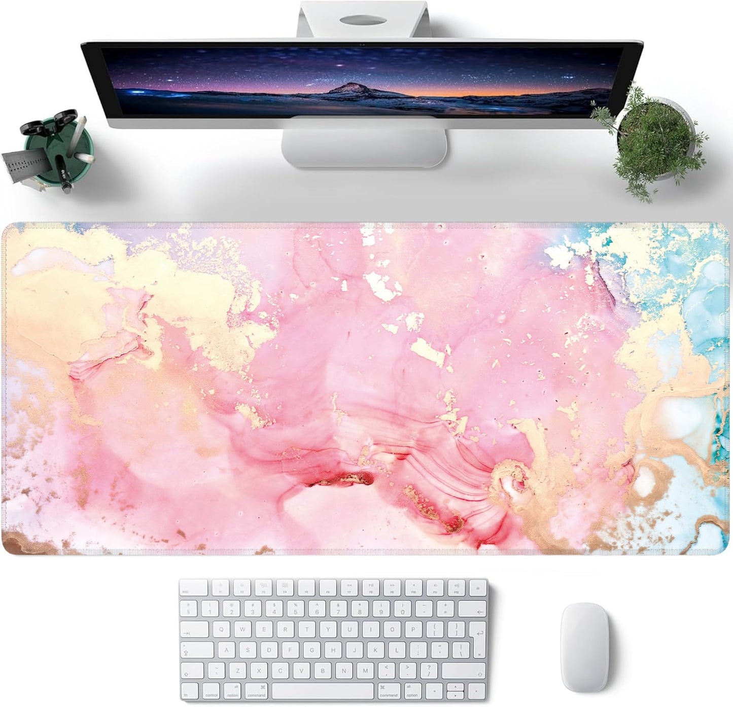 Cute Pink Marble Large Mouse Pad,Gaming Keyboard Desk Pad,Extended Mouse Mat Non-Slip Rubber Base