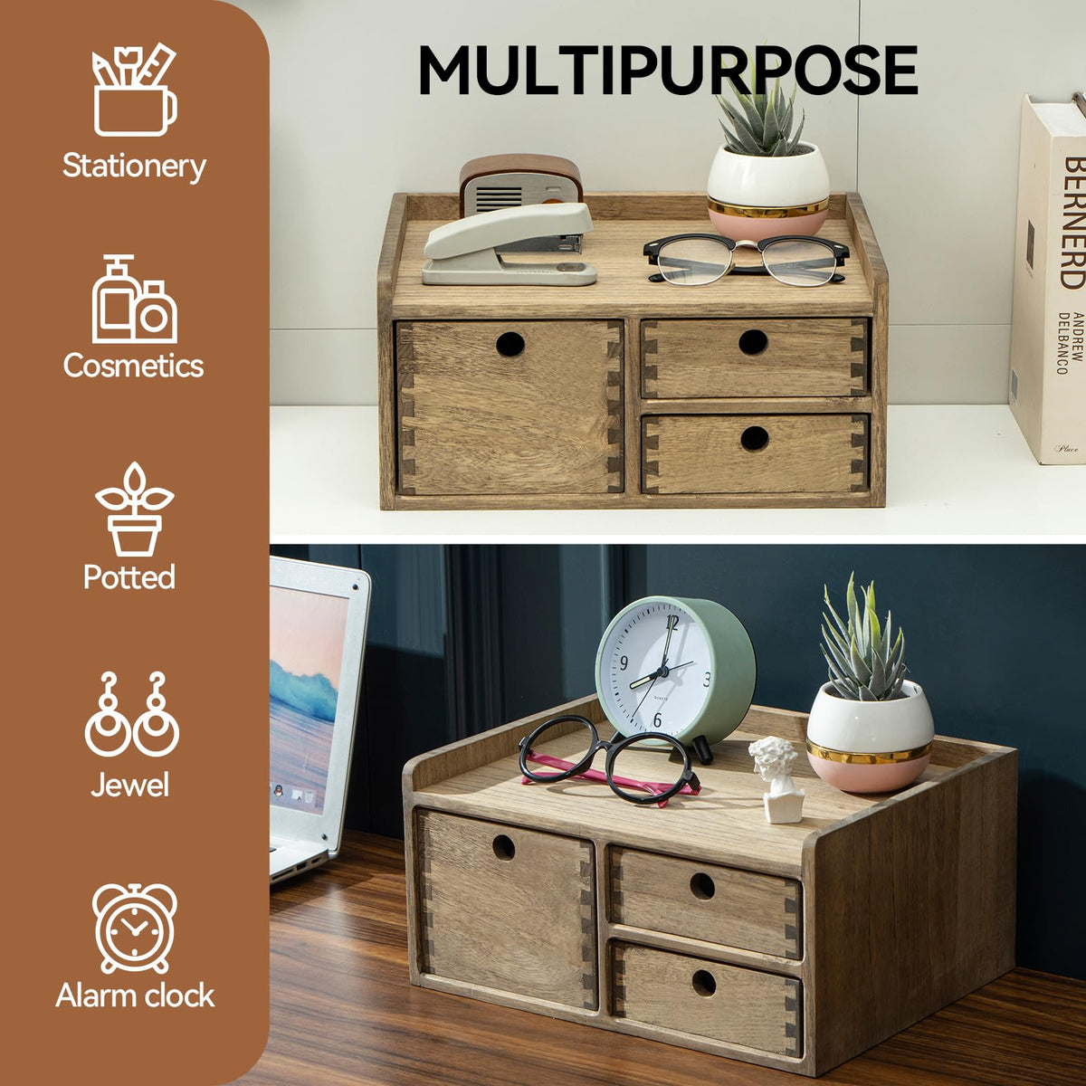 KIRIGEN Wooden Desk Organizer with 3 Drawers and Top Tray, Brown DT1D3C-DBR