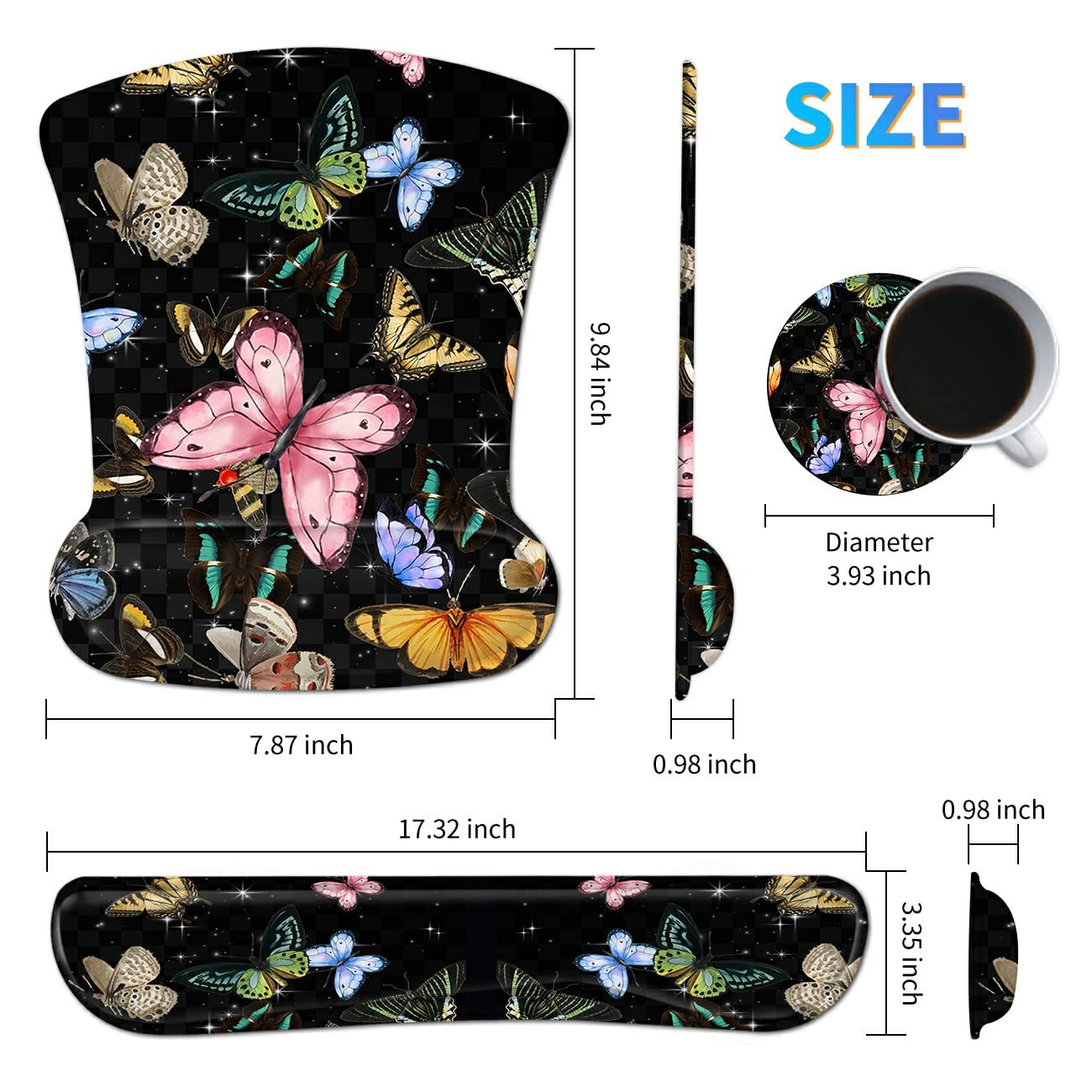 3Pcs Ergonomic Memory Foam Keyboard Wrist Rest Pad Set, Glitter Butterfly
