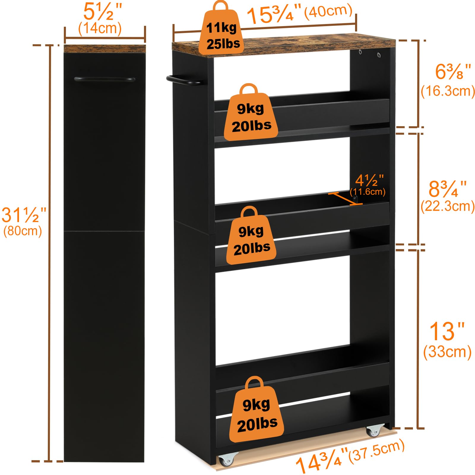 TEAMIX Slim Rolling Storage Cart, Wood 4-Tier Narrow Kitchen/Laundry Cart