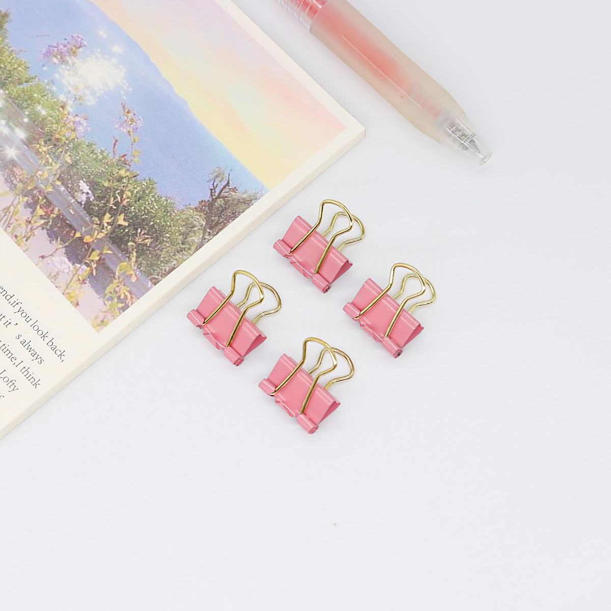 Pink Binder Clips, Gold Handles Mini Paper Clip, Small Paper Clamps 15mm (5/8 inch), 100 Pack Micro