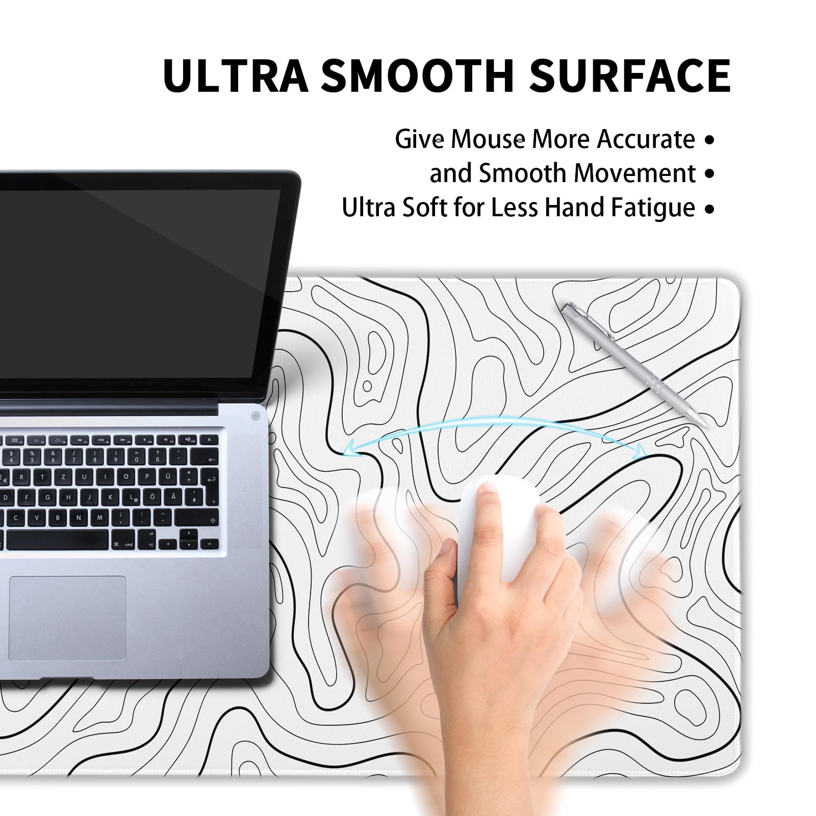 White Topographic Contour Gaming Mouse Pad XXL Geographic Map Lines Minimalist Extended Large Mat